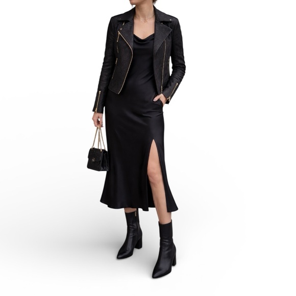 Midnight Velvet Jackets & Blazers - MIDNIGHT VELVET Black Jacquard Moto Jacket | Gothic Luxe Biker Chic - Medium